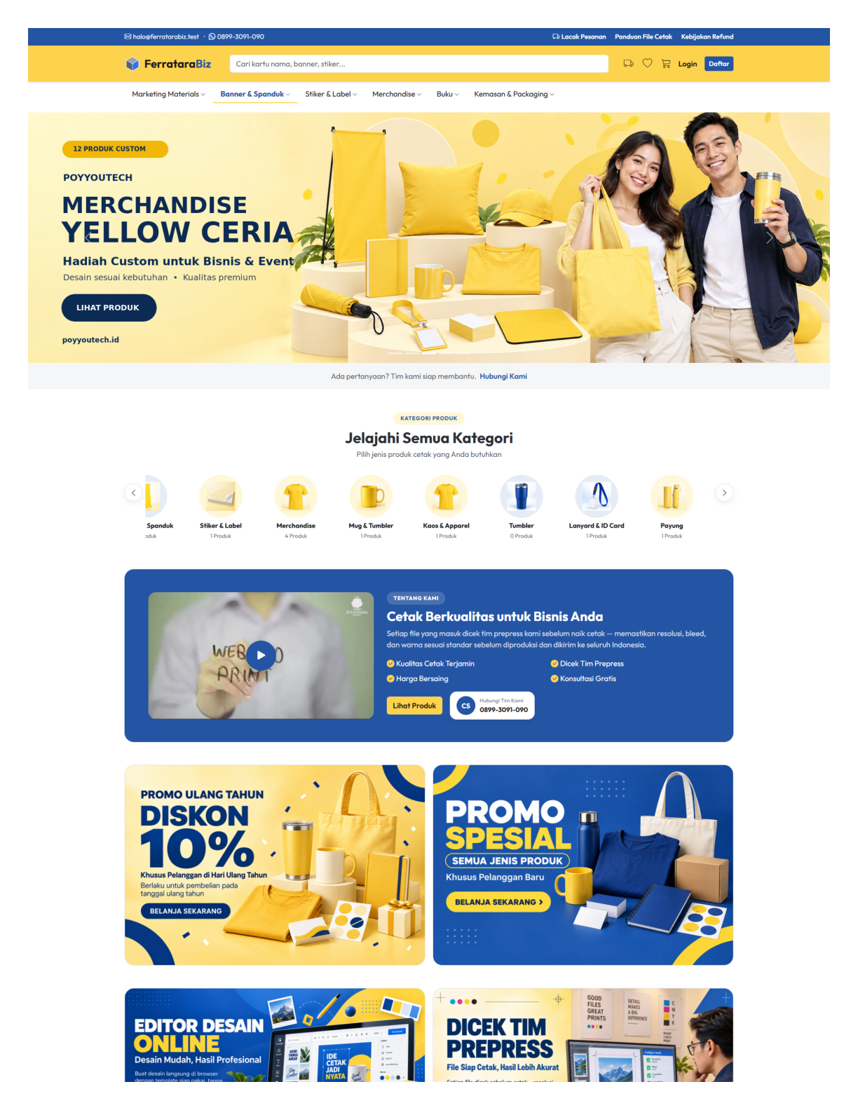 Tampilan website produk printing dan merchandise FerrataraBiz